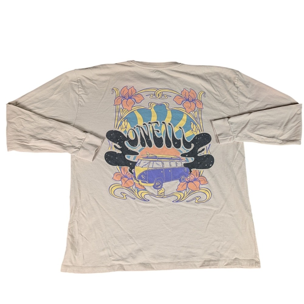 ONeill Mens Long Sleeve Graphic T-Shirt Beige Surf Van Retro Logo Tee